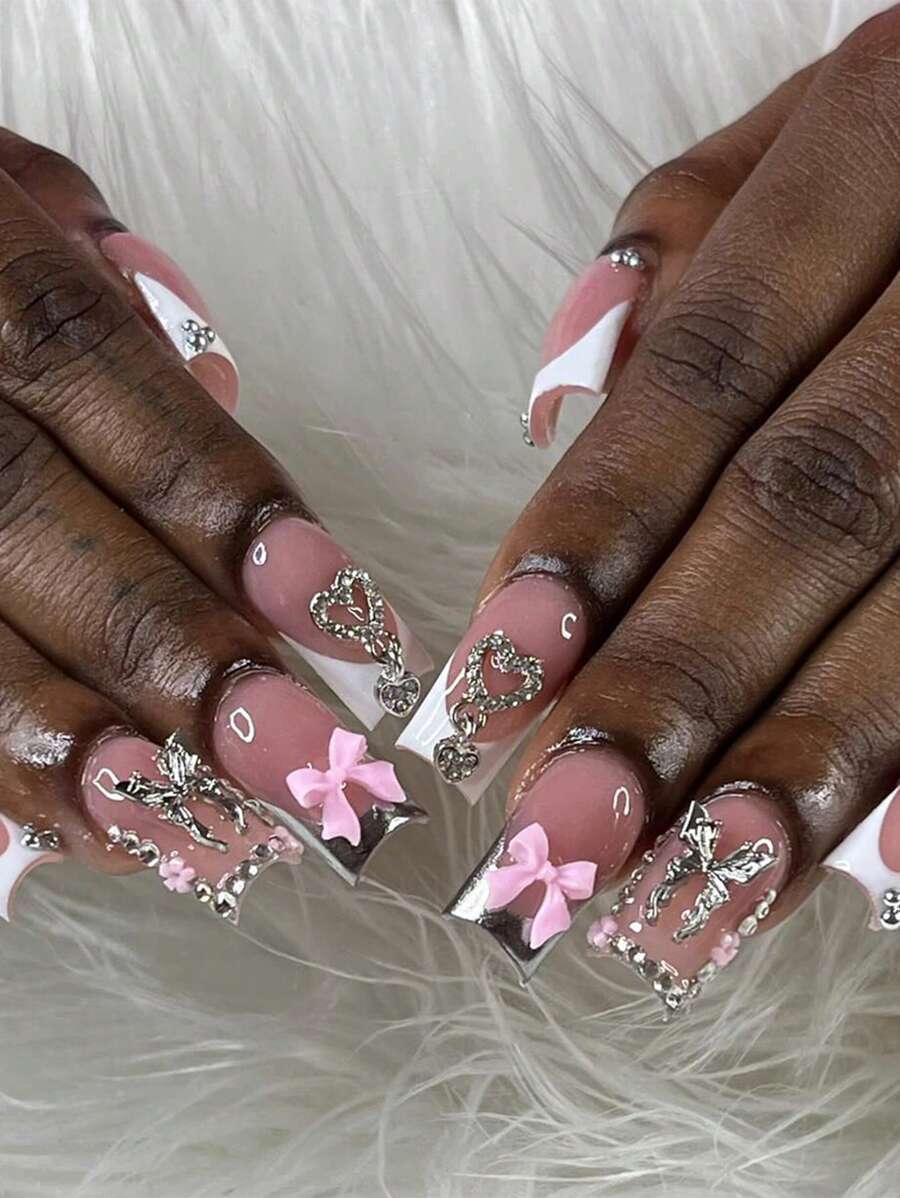 IMSOHOT 24 件彩色可爱按压指甲方形别致假指甲长款家用 DIY 美甲假指甲全覆盖假指甲片 适合女士和女孩 美甲和修甲用品 - 查看 1