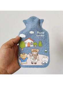 1pc Cartoon Print Water Injection Hot Water Bottle, 300ml, Flocked PVC Material