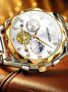 1 pieza Reloj de pulsera de cuarzo para hombres con correa de acero inoxidable, diseño de fase lunar, elegante y