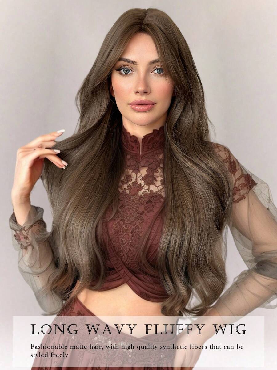 30 英寸长女士波浪假发，亚麻棕色华丽蓬松卷发假发，带窗帘刘海，合成全机发假发，适合派对摄影、日常学校使用 - 亞麻棕 - 查看 1