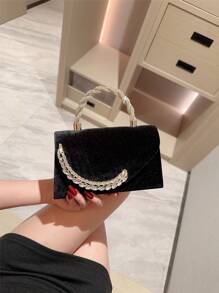 1pc Glamorous Sparkling Rhinestone & Feather Decor Flap Clutch Bag, Luxurious Diamond Evening Handbag For Formal Party/Wedding, Vintage Velvet Mini Clutch For Elegant Occasions, Perfect Gift Idea - Black - View 4