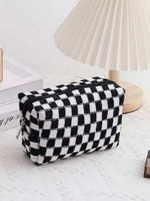 Checkered Knitted Fabric Corduroy Makeup Bag Cosmetic Bag Set For Women Checkered Travel Organizer Bathroom Toiletry Pouch Large Capacity Storage Bag