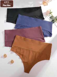 4pcs Plus Size Women Solid Mesh High Waist Soft Seamless High Elasticity Thong Panties