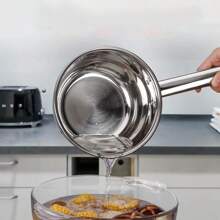 1pc Stainless Steel Thickened Water Scoop, Multi-Functional Long Handle Flat Bottom Large Ladle For Kitchen