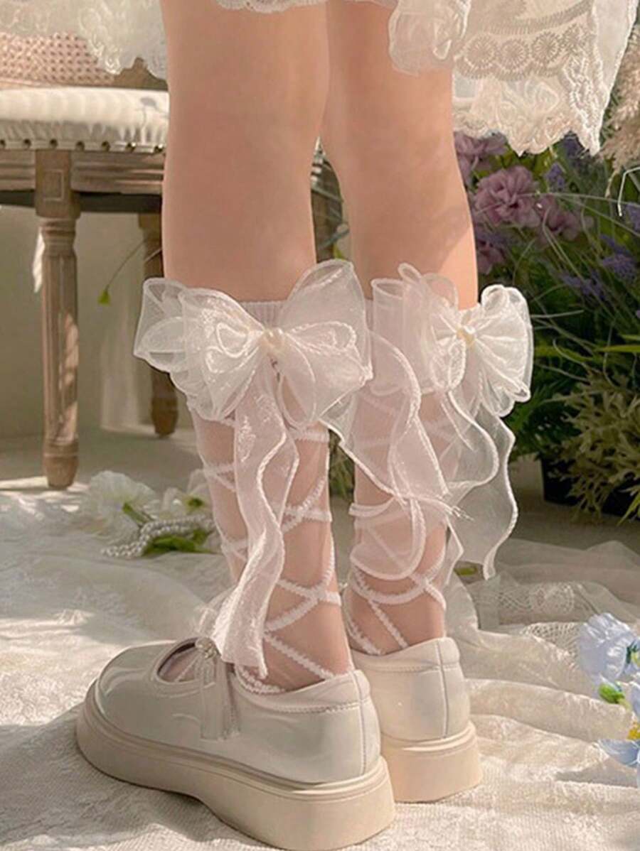 Japanese Style New Organza Bow Heart Beaded Girls Crystal Striped Glass Silk Stockings - White - View 1