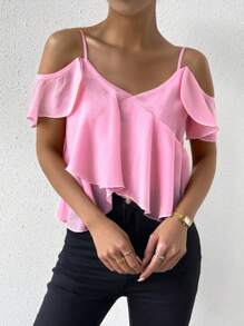 Cold Shoulder Ruffle Trim Cami Top - Pink - View 3