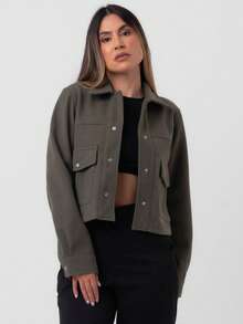 TRAFZA Women's Autumn Jacket, Fashion 3D Front Pocket Button Long Sleeve Coat, Elegant Women's Casual Jacket