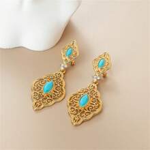 Classic Moroccan Style Golden Drop Hollow Floral Carved Arabic Wedding Jewelry Earrings, For Party Everyday Wear