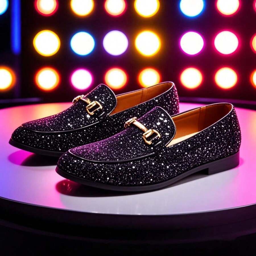 Men's Fashionable Loafers, Flat Driving Shoes, Glitter Textured Brogue Oxford, Slip-On, Gold/Silver Shiny Party Shoes, Stage Performance - Black - View 1