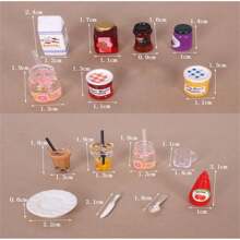 1 Set Realistic Miniature Strawberry Jam Bottle & Bread Basket Resin Decorative Ornaments