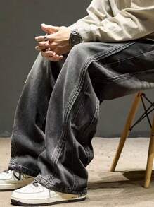 1 Stück amerikanischer Streetwear Stil Washed Patchwork Design Loose Fit Weite Bein Herren Jeans