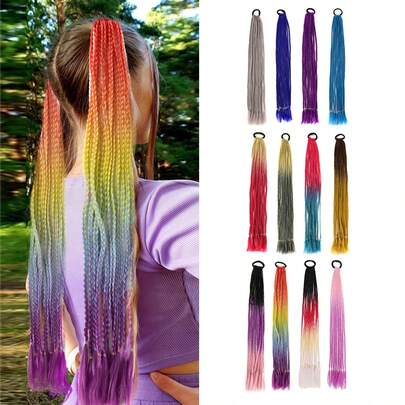 Colored Braids Hair Extensions With Rubber Bands Rainbow Braided Synthetic Hairpieces Ponytail Hair Accessories False For Girls Hair Hairpieces In The Party Cosplay