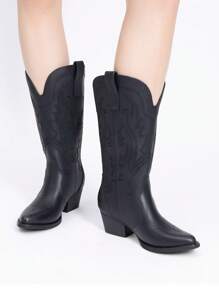 Women's Western Cowboy Boots Slip On Fashion Embroidery Pointed Toe Low Heel Chunky Outdoor Commuter Mid-Calf Black Boots - 黑色 - 查看 8