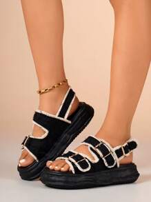 Women's Casual Outdoor Buckle Strap Street Style Multi-Color Adjustable Fashion Comfortable Personalized High Quality Thick Sole Sandals - Black - View 5