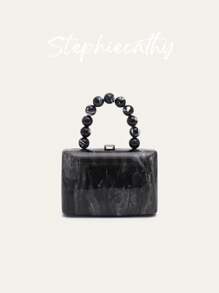 STEPHIECATHY 女士时尚迷人大理石纹亚克力手包磁铁闭合串珠手柄晚宴包方形硬壳斜挎包顶部提手钱包优雅手提包适合婚礼晚宴舞会宴会礼物 - 黑色 - 查看 5