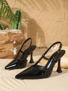 女士可调节单扣高跟鞋，9厘米尖头优雅细跟鞋，黑色镜面PU材质，适合日常穿着/派对，优雅，女士高跟鞋，优雅 - 黑色 - 查看 5