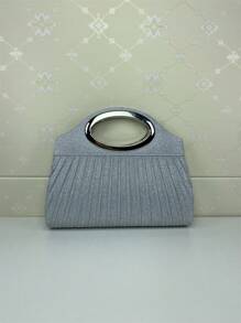 女士优雅纯色褶皱托特晚宴包，轻质涤纶磁扣，精致金属环手柄，闪亮斜挎链条肩带