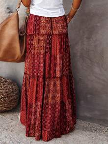 女士新款波西米亚风涤纶轻薄宽松高腰半身裙，优雅撞色印花拼接蕾丝裙摆，春夏度假风 - 酒紅色 - 查看 5