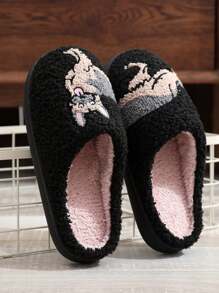 New Autumn/Winter Dog, Panda Drinking Coffee, Butterfly Thermal Lined Thick Slippers, Flat Couple House Shoes, Warm Knit Indoor Slippers, Home Slippers, Postpartum Slippers - Black - View 5