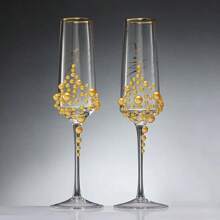 2pcs Elegant Pearl & Crystal Champagne Glasses - Handmade Calligraphic Design Transparent Glassware, Suitable For Weddings, Engagements, Valentine's Day, Mother's Day, Christmas, And Anniversary Gifts - Ideal For Family Gatherings, Parties And Special Occasions | Classic Champagne Flutes