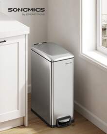 SONGMICS Slim Trash Can, 13-Gallon (50 L) Garbage Can For Narrow Spaces With Soft-Close Lid, Inner Bucket, And Step-On Pedal, Stainless Steel - Silver - View 1