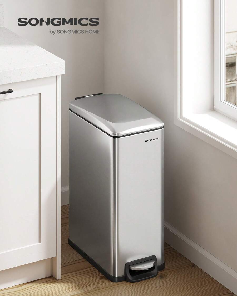 SONGMICS Slim Trash Can, 13-Gallon (50 L) Garbage Can For Narrow Spaces With Soft-Close Lid, Inner Bucket, And Step-On Pedal, Stainless Steel - Bạc - Xem 1