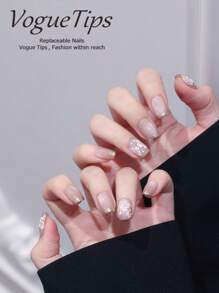 10 pezzi di unghie finte a forma di ovale corto XS/S/M/L, di alta qualità, con motivo a fiori di ciliegio, bianco puro, con gemme decorative per decorazione unghie, realizzate a mano