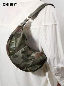 Handmade Katenzaro Camo Cherry Color Fabric Crescent Shoulder Bag, Minimalist Large Capacity Casual Work Tote Bag, Valentine's Gift Suitable For Office, College, Sport, Shopping, Travel, Autumn/Winter - 軍綠色 - 查看 4