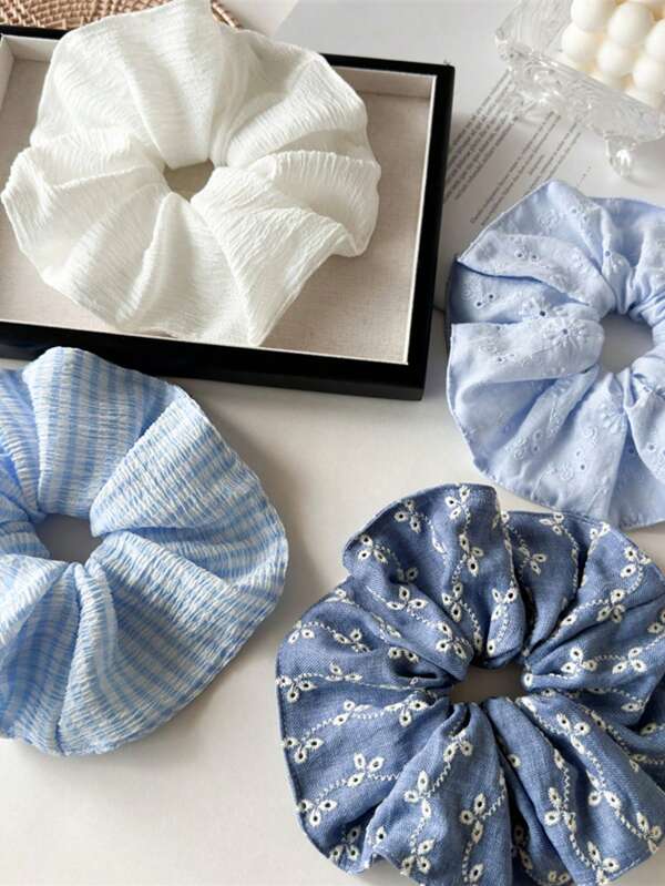 Unique Design High-End Sensibility Oversize Hollow Bun Scrunchie With Pleated Edge, Fashion Coil Hair Accessory, Checkered Polyester Casual Scrunchies Hair Ties Scrunchy Hair Ties