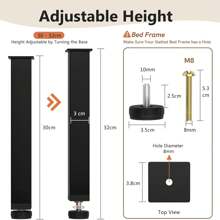 BriSunshine 4 Stück Bettstützbeine, Höhenverstellbare Metall Bettgestell Stützbeine, Bettgestell Lattenrost Stützbeine, Bettgestellfüße mit 4 rutschfesten Pads und Schraubendreher (30-32cm)