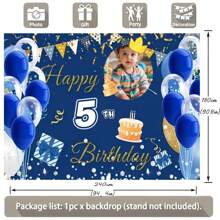 1 pezzo Sfondo fotografico personalizzabile per compleanno con palloncino blu zaffiro, corona dorata e design fluttuante, decorazione per torta e festa di compleanno, banner in vinile - Multicolore - Visualizzare 6