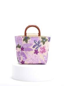 1pc Purple PVC Sequin Floral Embroidery Net Tote Bag, Chic Small Square Handbag, Fashionable & Versatile - Multicolor - View 3