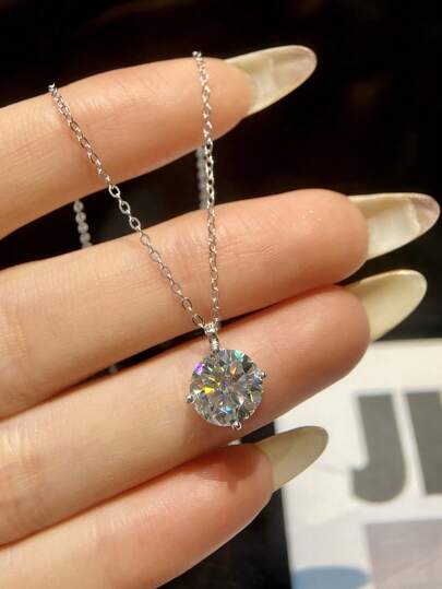 1pc 3 Carat S925 Sterling Silver Moissanite Necklace, Classic 4-Prong Pendant Necklace, Promise Necklace, Eternal Necklace, Luxury & Elegant Jewelry Gift For Women, Anniversary/Bridal Gift