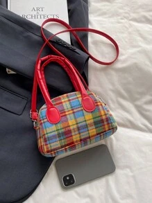 1pc Handtas (Groot/Klein) Amerikaanse Retro Niche Messenger Bag Plaid Contrast Kleur Hand-Held Bowling Bag Schoudertas, Koreaanse Stijl Veelzijdig, Schouderband Casual en Comfortabel, Glad en Lang Veelzijdig, Geschikt voor Dagelijkse Boodschappen en Reizen van Meisjes