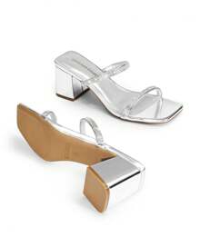 Women Rhinestone Decor Chunky Heeled Mule Sandals Square Open Toe Slip On Slides Mules Summer Sandals For Party Homecoming Daily - 銀色 - 查看 4
