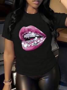 DEAR MOLLY Lip Print Bling Bling T-Shirt, Sexy Lip Pattern, Round Neck Party/Holiday Gift Top For Women - Black - View 2