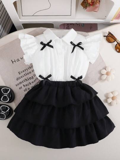 Young Girl's Cute, Stylish Bow Decor White Blouse & Black Pleated Skirt Set, Suitable For Summer Outing, Party, Commuting, Outdoor, And School