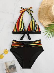 1 Set Women's Color Striped Asymmetrical Print Halter Criss-Cross Open Back Sexy 2 Pieces Bikini Swimwear - Black - View 4