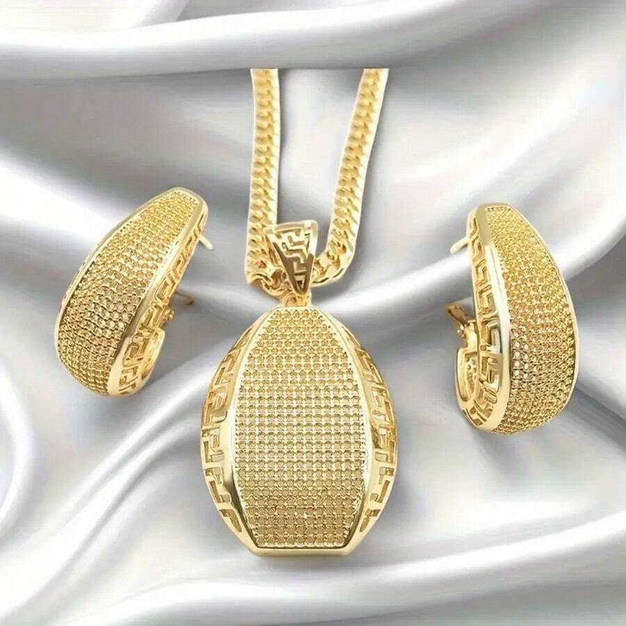 3pcs Set High-Quality Inspired Fashion Jewelry Set, 18K Gold Plated Pendant & Earrings, Bridal Wedding Accessories, Party, Holiday Gifts - Versatile For All Seasons - phong cách 1 - Xem 1