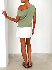 Maglione casual e comodo da donna con spalla obliqua, oversize, maniche corte, in maglia larga, top per uscire, adatto per primavera, estate e autunno