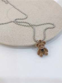 1pc Cute Milk Printed Flocked Bear Pendant Necklace, Clavicle Chain Sweater Jewelry - Multicolor - View 4