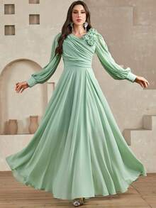 Women's Solid Color Cross V-Neck Pleated 3D Flower Puff Sleeve Dress - Green - View 3