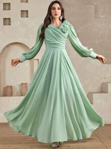 Vestido de mujer de unicolor con escote cruzado en V, plisado, manga abullonada con flor 3D