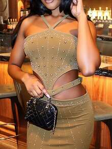 Women's Sexy Spaghetti Strap Bodycon Backless Ruched Party Dress - Apricot - View 3