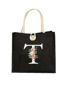 Letter Pattern Handbag Floral Print Linen Handbag Button Decorated Handbag Minimalist Large Capacity Handbag Portable Casual Storage Handbag - Black - View 17