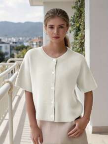 Women's Solid Color Cardigan Short Sleeve Round Neck Button Down Sweater Knit Tops - Blanco - Ver 6