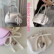 1 件珍珠蝴蝶结金属银色心形吊坠包饰包包配件钥匙扣背包饰时尚优雅装饰钥匙扣包包吊坠饰品，带金属挂扣，小巧轻便，便于携带，易于悬挂，可轻松挂在车钥匙、手提包、背包、钱包等物品上，适合约会、婚礼、购物、办公室、汽车、家庭等任何场合 - 白色 - 查看 1