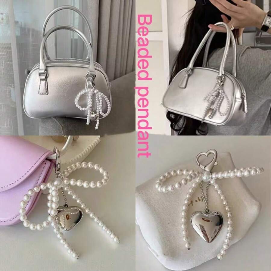 1 件珍珠蝴蝶结金属银色心形吊坠包饰包包配件钥匙扣背包饰时尚优雅装饰钥匙扣包包吊坠饰品，带金属挂扣，小巧轻便，便于携带，易于悬挂，可轻松挂在车钥匙、手提包、背包、钱包等物品上，适合约会、婚礼、购物、办公室、汽车、家庭等任何场合 - 白色 - 查看 1