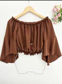 DUNA WOMEN'S OFF-THE-SHOULDER CROPEED BLOUSE 2025SimpleCasualRufflePleated - 鏽棕色 - 查看 1