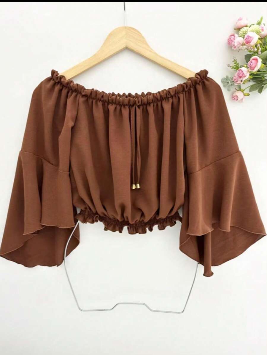 DUNA WOMEN'S OFF-THE-SHOULDER CROPEED BLOUSE 2025SimpleCasualRufflePleated - 鏽棕色 - 查看 1